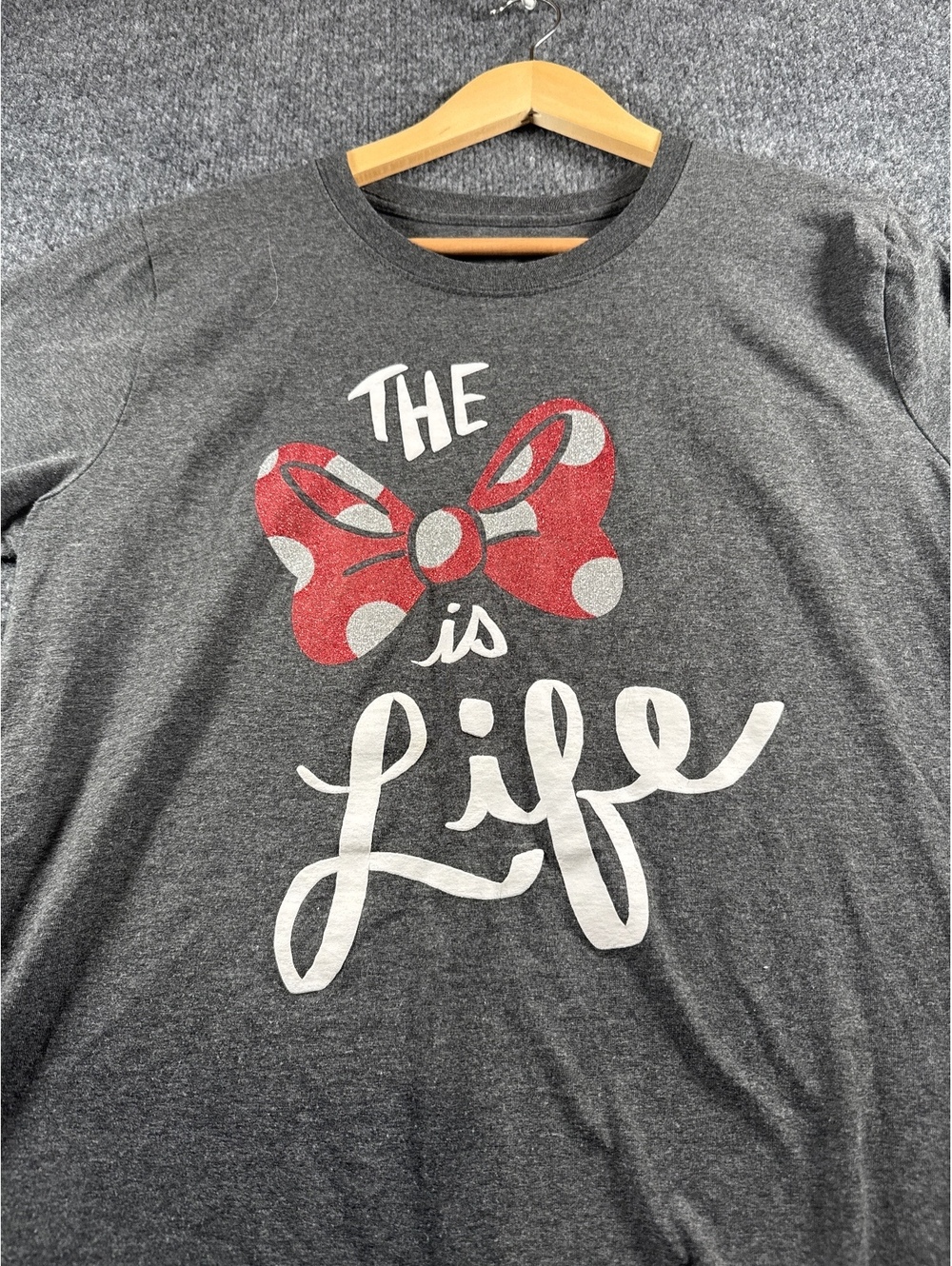 Disney Minnie Mouse The Bow Is Life Graphic T-Shirt Womens L Gray Polka Dot